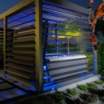aluminium louvered pergola Dubai villa rooftop evening