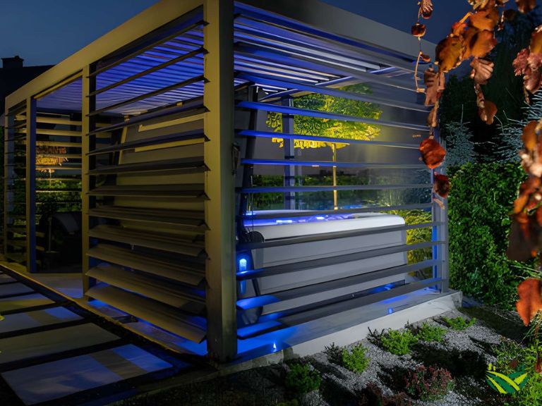 aluminium louvered pergola Dubai villa rooftop evening