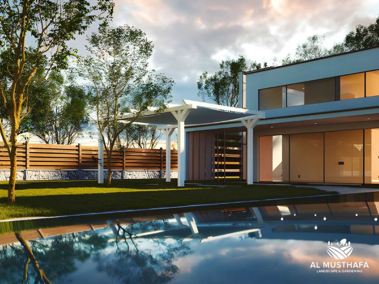 aluminium pergola villa Dubai poolside modern profile evening