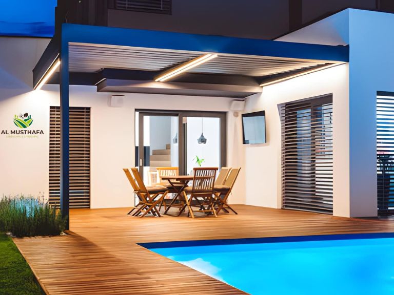 modern aluminium pergola villa Dubai poolside evening
