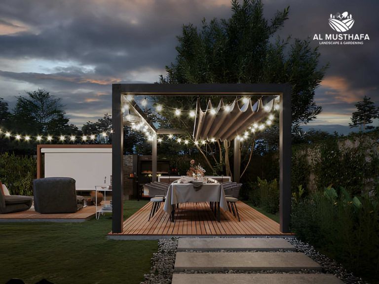 modern pergola Dubai villa rooftop evening minimal aluminium