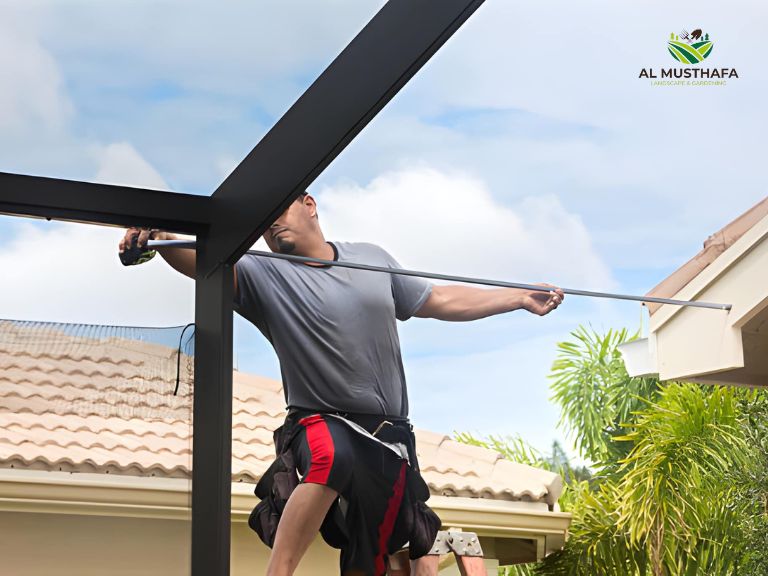 professional pergola installation Dubai villa aluminium frame